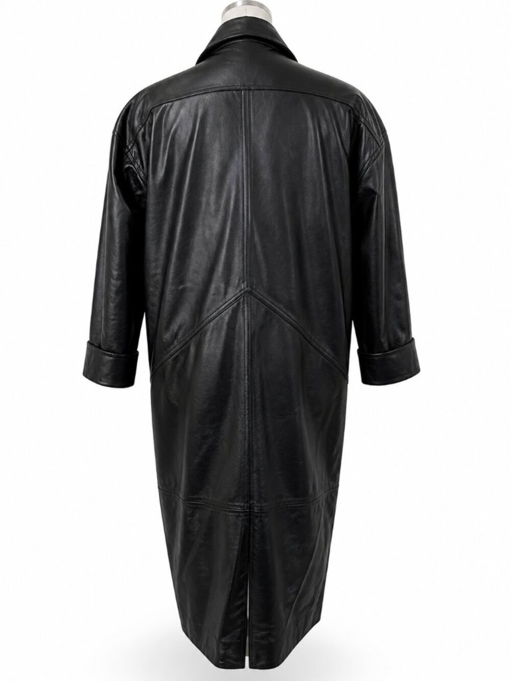 Vintage 90s Black Leather Trench Coat Oversized Minimalist Long Coat - Size M - Picture 5 of 11